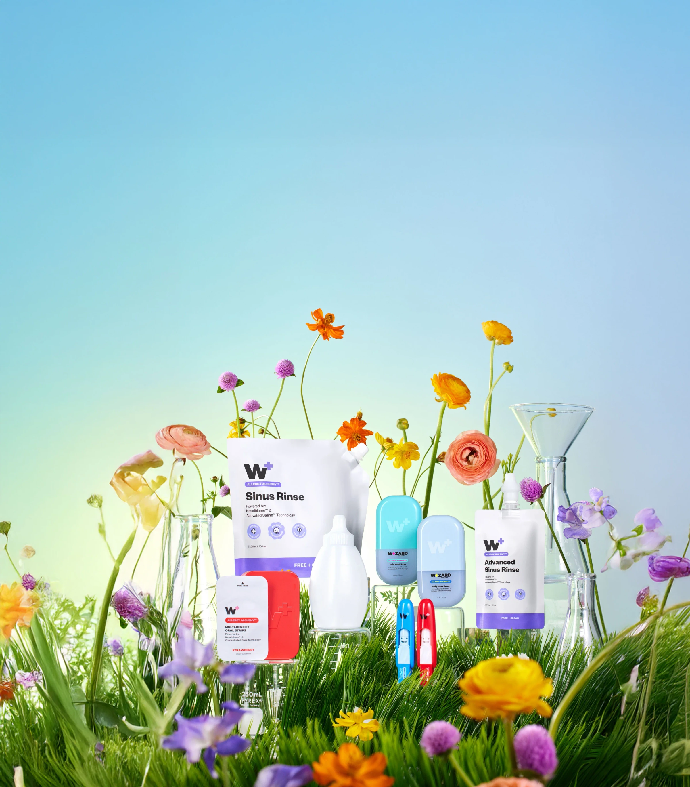 Wizard Wellness products with flowers and grass in the background