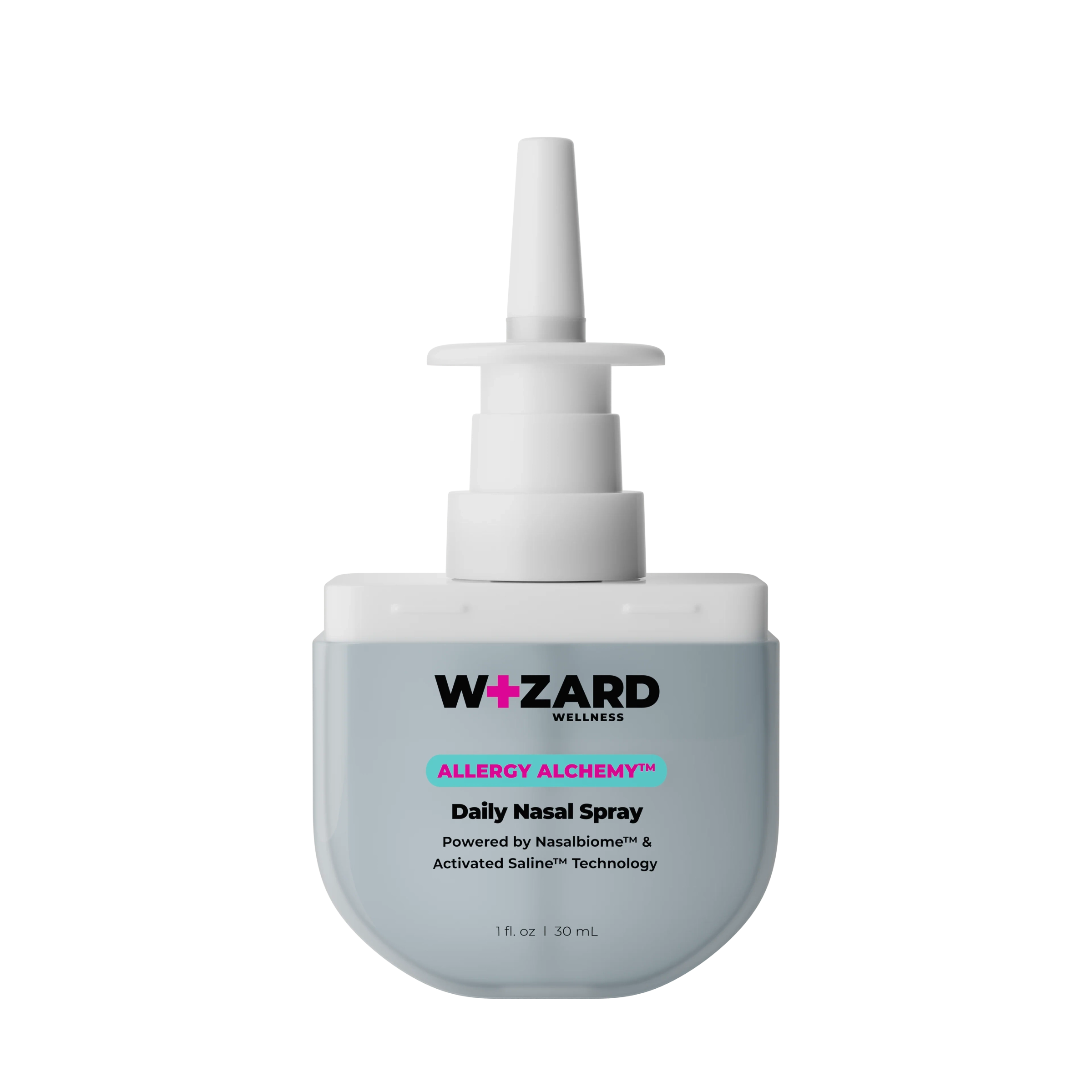 Nasal spray bottle labeled 'Wizard Wellness Allergy Alchemy' on a white background