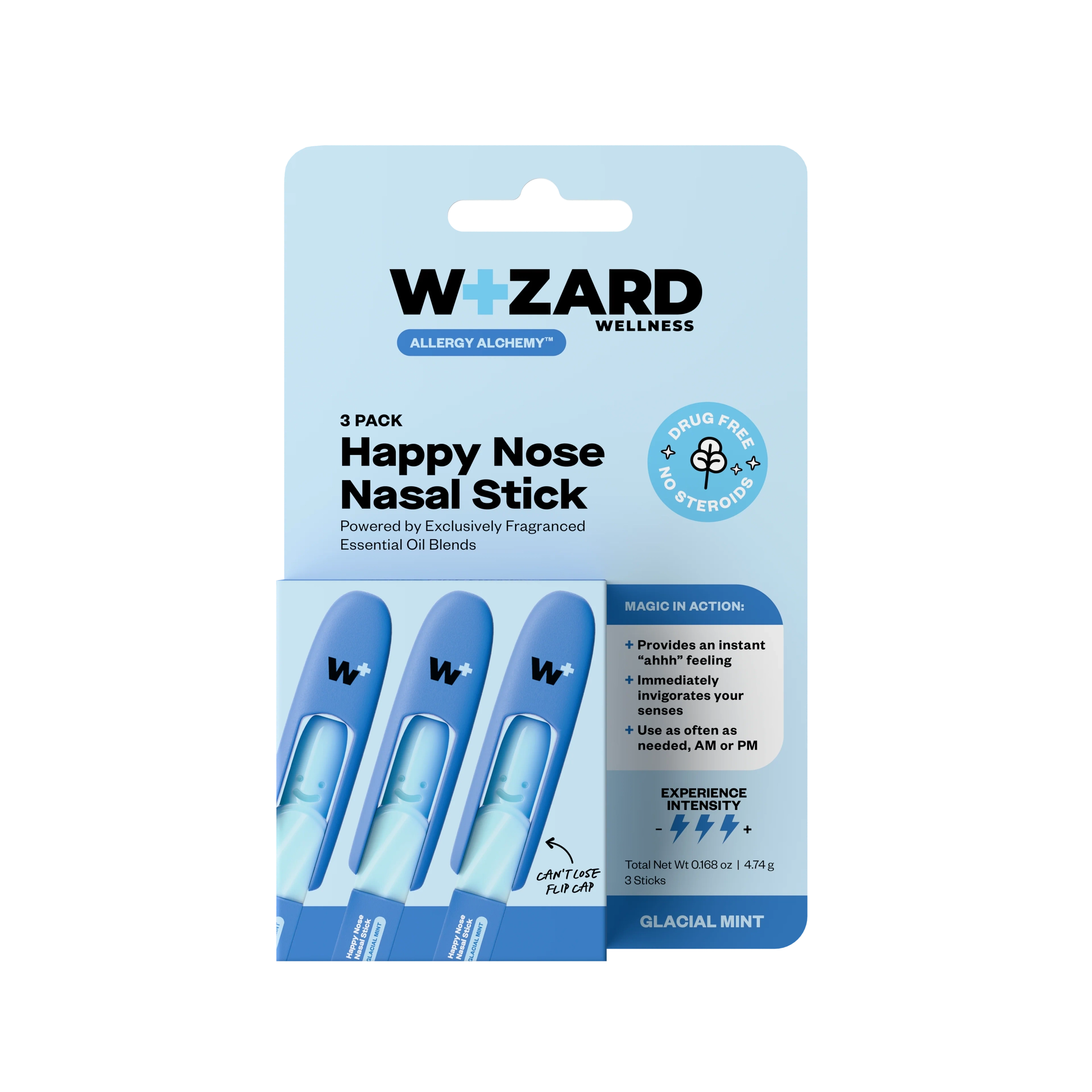 Wizard Wellness Happy Nose Nasal Stick packaging with three sticks on a light blue background