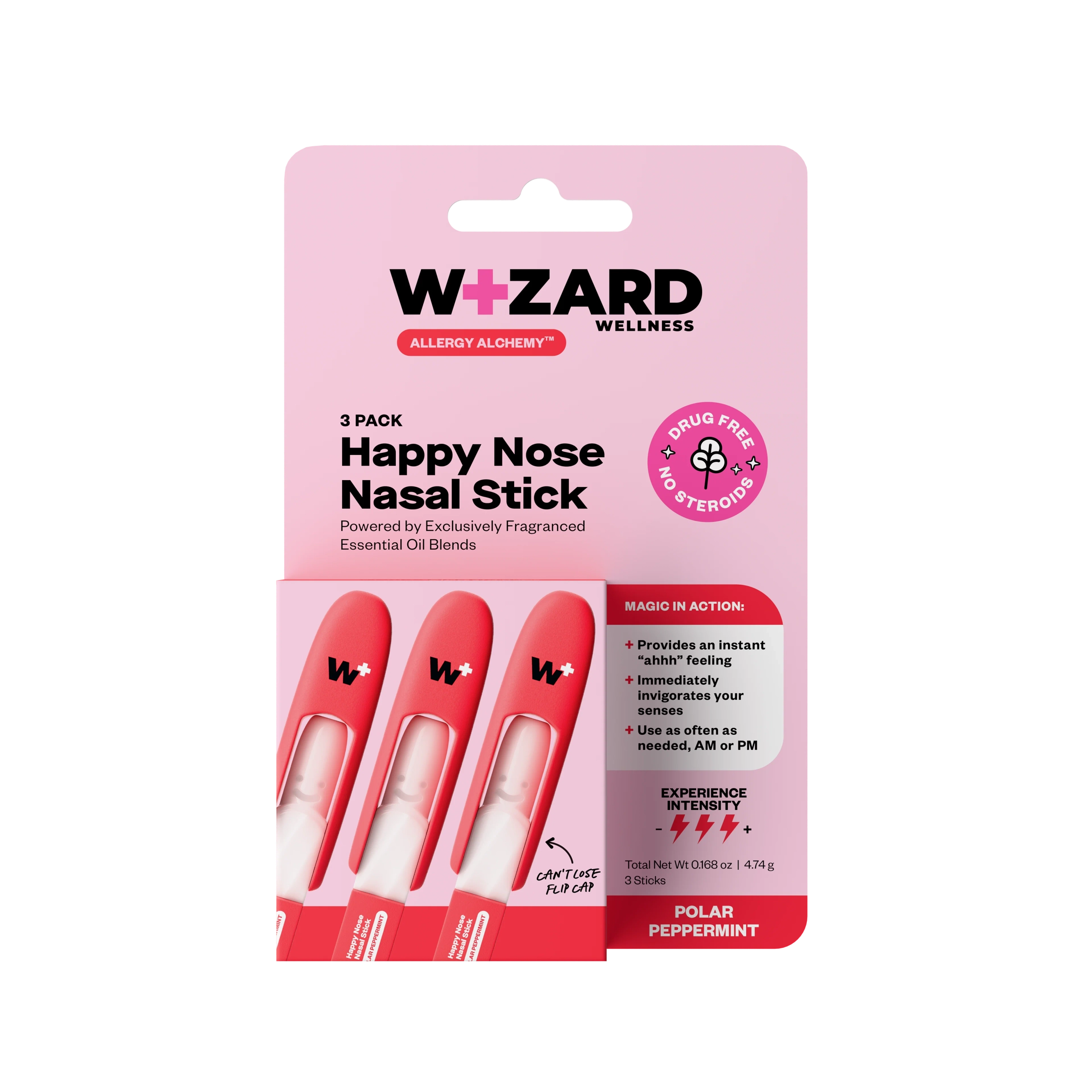 Packaging of Wizard Wellness Happy Nose Nasal Stick with pink background